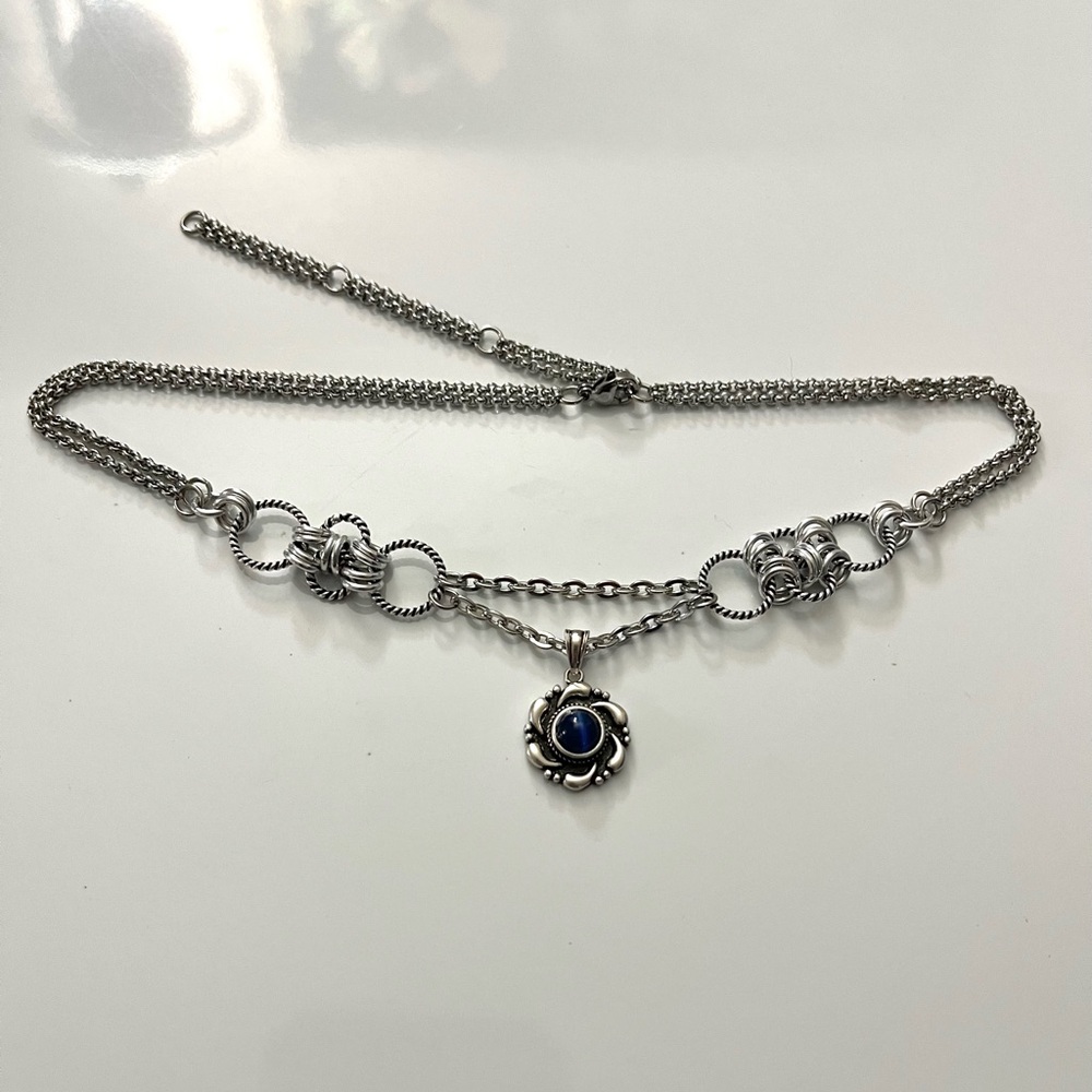 925 sterling silver blue kyanite stone charm on stainless steel maille choker - Picture 5 of 16